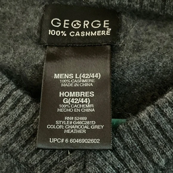 George 100% Cashmere Charcoal Gray Heather V-neck Sweater Men's Large(42/44) EUC V-Neck